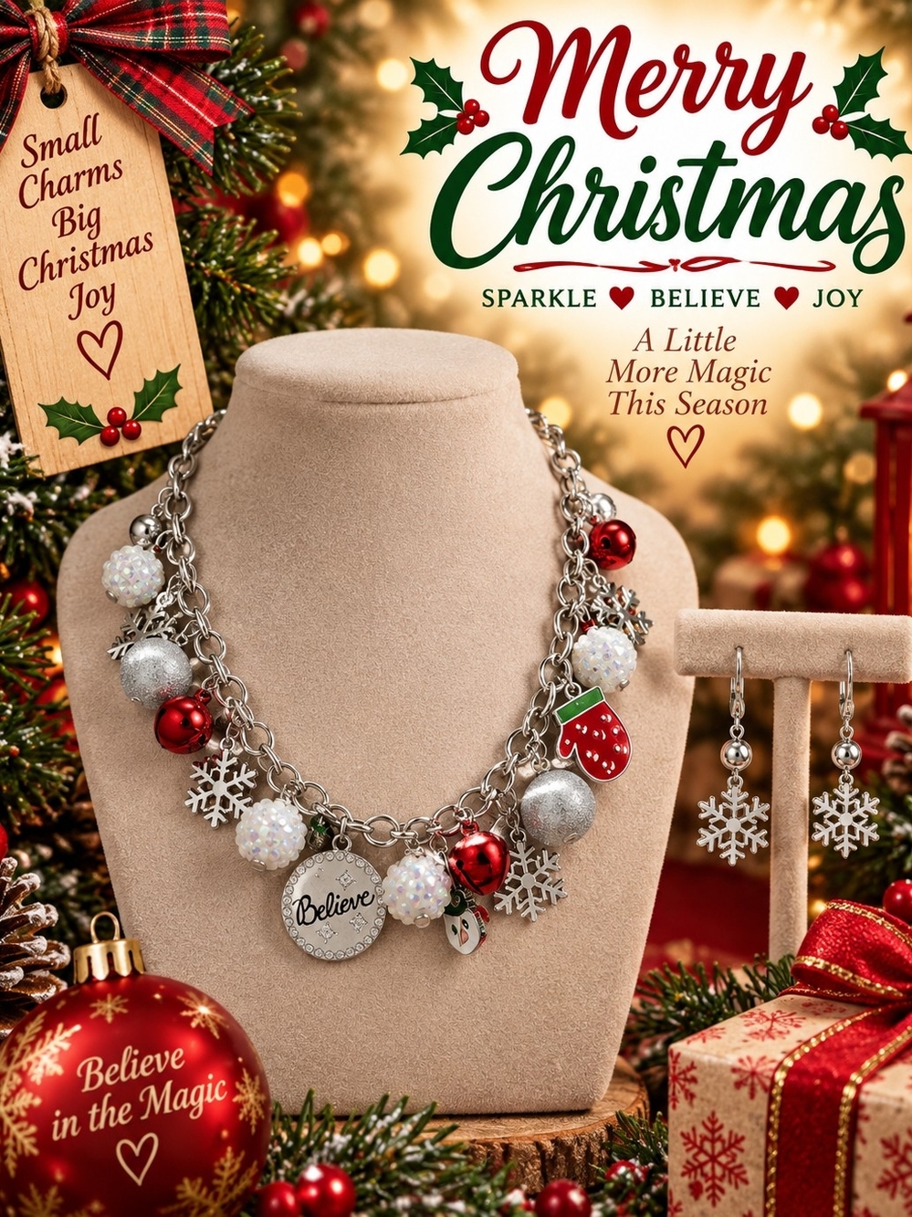 Holiday Charm Necklace with Red & Silver Accents